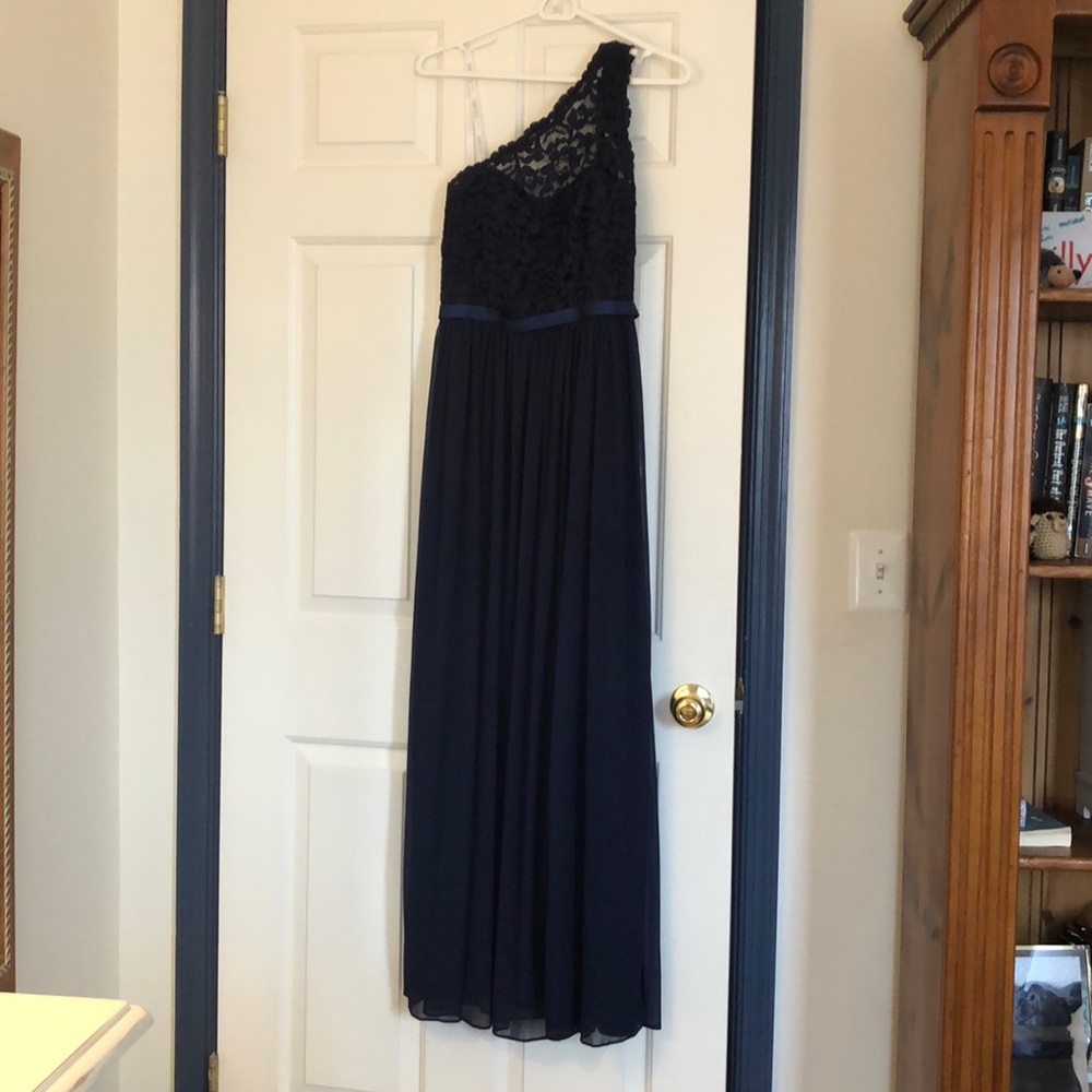 David’s Bridal Navy lace one-shoulder dress
